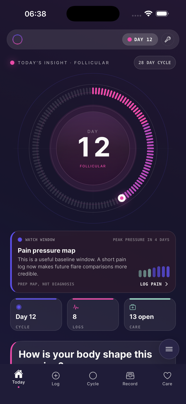 InsideHer app — today's cycle insight, Day 12 follicular